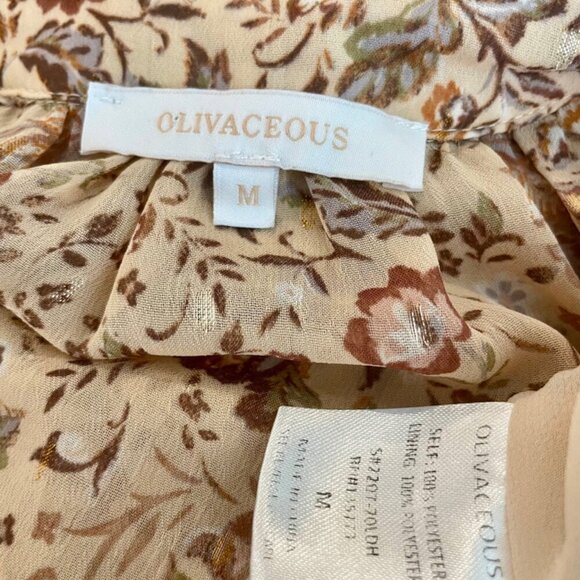 OLIVACEOUS DRESS FLORAL METALLIC DETAIL RUCHED TIERED SMOCKED SZ M FAIRY CORE - Picture 7 of 16